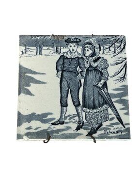 Antique Wedgwood Months February Blue Transferware Tile Helen Miles circa 1879